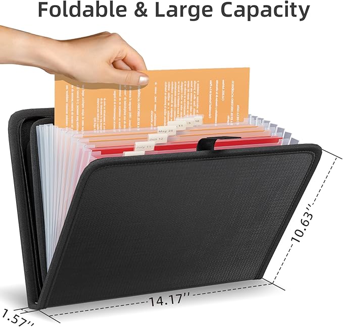 Huolewa Fireproof Accordion File Organizer, Portable Expanding File Folder with Waterproof Zipper&Labels, Black Document Organizer with 13 Pockets, File Organizer for Important Document/Paper Storage