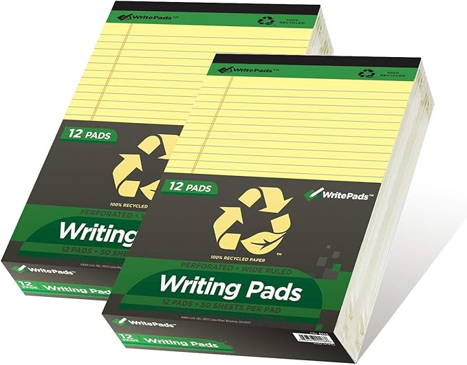 KAISA Legal Pads Writing Pads Recycled Paper, Wide Ruled 8.5"x11.75" Perforated 50 Sheets Notepads 8-1/2"x 11-3/4" Writed Pad, Canary 24Pads, KSU-5668