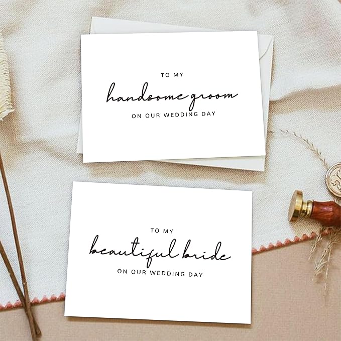 Set of 2 Wedding Cards for Bride and Groom with Matching Envelopes, To My Bride on our Wedding Day Card, To My Groom on our Wedding Day Card.（Groom/Bride C）