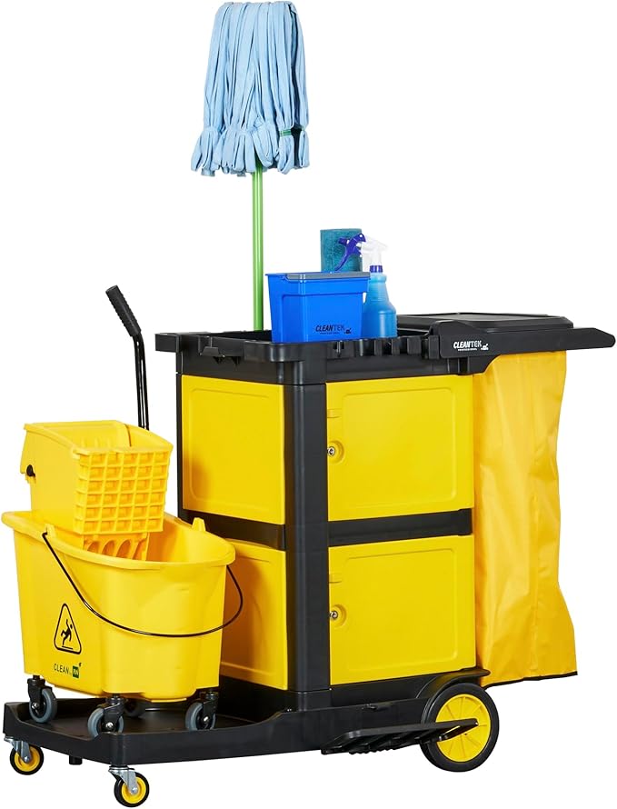 Restaurantware-Clean Tek Professional 3-Shelf Janitor Cart with Wheels, 1 Cleaning Trolley with Cover and 21 Gallon Bag - Includes 1 Double Locking Cabinet, Heavy-Duty, Gray Plastic Janitorial Cart