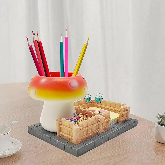 Mushroom Desk Organizers,3 Compartments Resin Office Desk Accessories with Pen Holder Sticky Note Holder,Pencil Holder and Paperclips Cup School Office Mushroom Decor