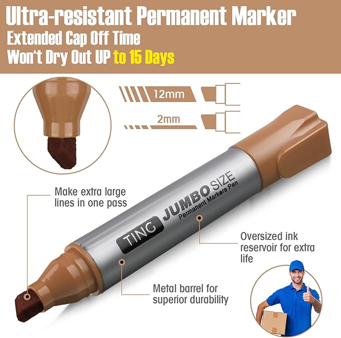 Fuutreo 10 Pack Jumbo Permanent Markers Bulk Large Chisel Tip Permanent Markers Quick Drying Waterproof Big Huge Poster Pens for Office, Logistics Company and More(Brown)