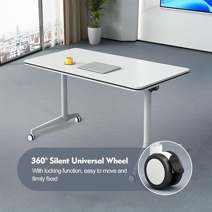 Folding Conference Room Table, Modern Mobile Training Table with Wheels, White Foldable Seminar Meeting Tables for Office Corporations (2pack 63in)