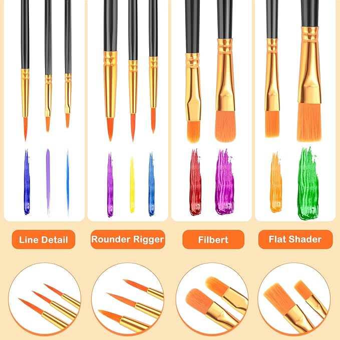ESRICH Acrylic Paint Brushes Set, 10 Packs/ 100 Pcs Watercolor Brushes,Nylon Brush Head, for Oil Painting, Gouache, Face,Ceramics etc, Kid's and Adults Painting Arts and Crafts Paint Sets.