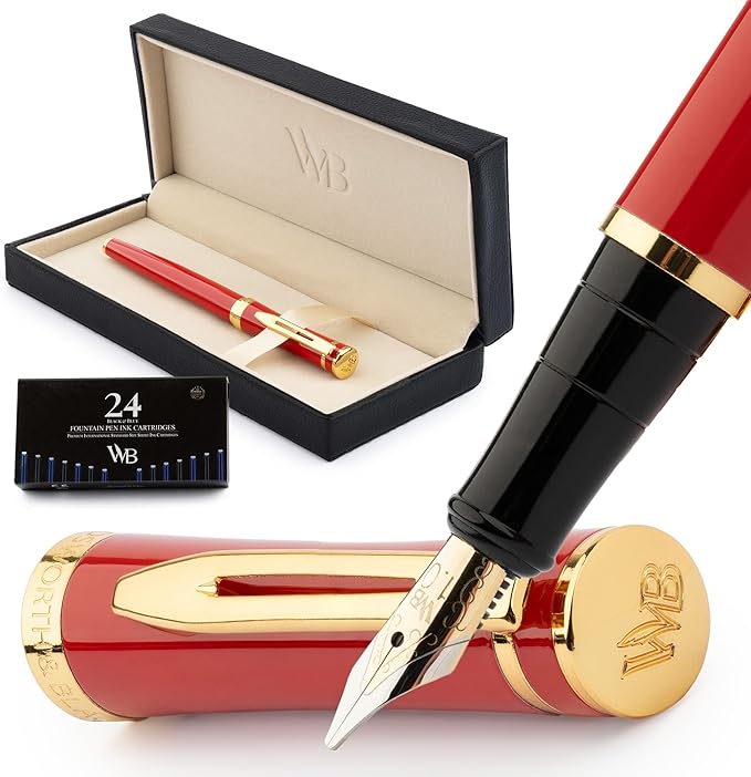 Wordsworth & Black Fountain Pen Set, 18K Gilded Broad Nib, Includes 24 Pack Ink Cartridges, Ink Refill Converter & Gift Box, Gold Finish, Calligraphy, [Crimson Red], Perfect for Men & Women