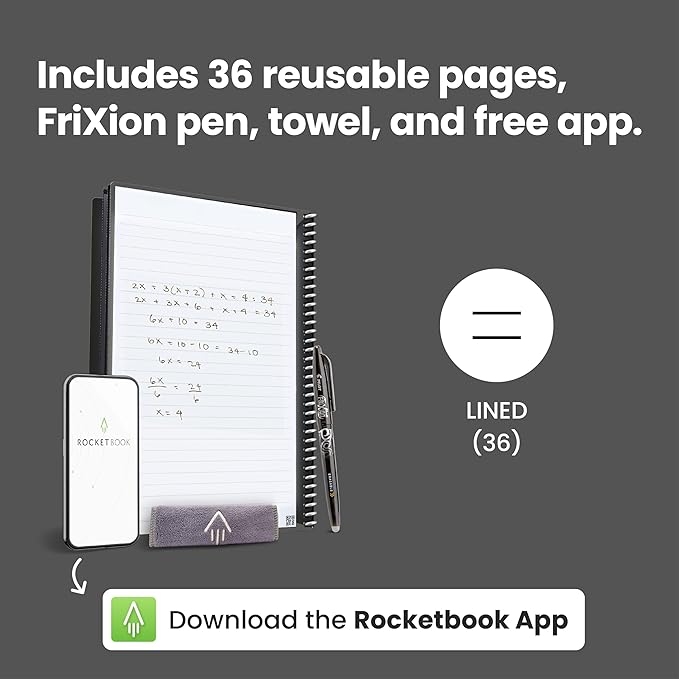 Rocketbook Core Reusable Spiral Notebook, Executive Size 6x8.8, Navy Blue - Lined Pages, App-Connected, Erasable, Durable Cover, Ideal for School, Work, and Creative Projects