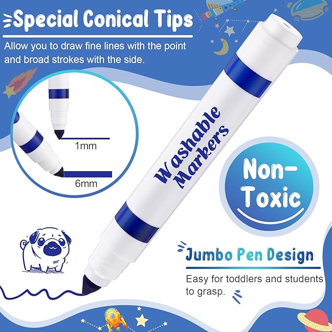 Janlaugh 60 Pcs Blue Washable Markers Bulk Coloring Broad Line Markers for Kids Conical Tip Blue drawing pens for Classroom Back to School travel Art baby shower gender reveal Supplies, Ages 6+
