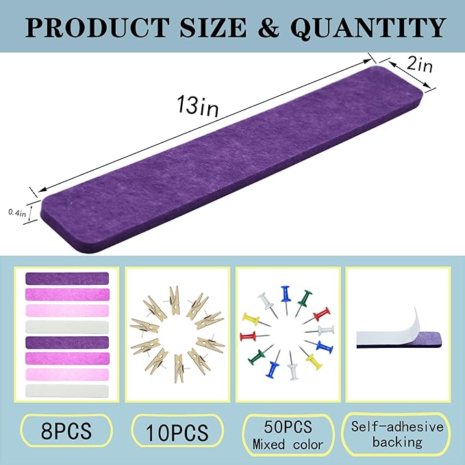 8Pcs Bulletin Board Strips, Purple Rose Felt Pin Board Bar Strips with 50 Pushpins, Self-Adhesive Felt Cork Board Strips for Wall to Display Your Notes, Photos, Schedules, Announcements