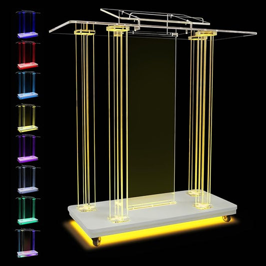 Acrylic Pulpits for Church with LED Lights 46" Tall Podium Stand with Wheels and Reading Platform, Clear Lectern for Speech, Classroom, Churches, Lecturn