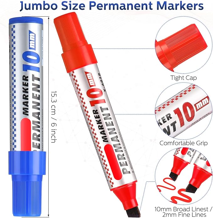 Thenshop 24 Pack Jumbo Size Permanent Markers Bulk Permanent Marker Set Chisel Tip Pens Waterproof for Industrial Use Work on Wood Metal Plastic Stone Glass(Black, Blue, Red and Green)