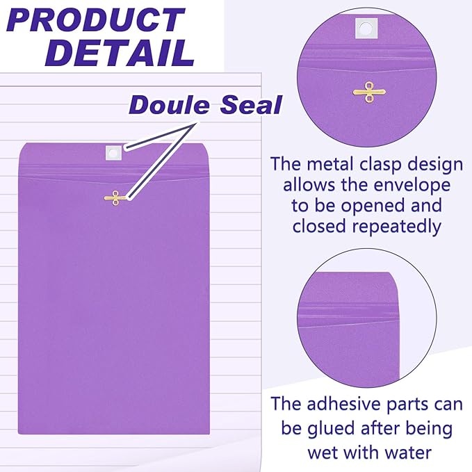 Geyee 100 Pcs Clasp Manilla Envelopes 6 x 9 Inch Gummed Colored Envelopes for Storing or Mailing for Home Office Business Supplies(Purple)