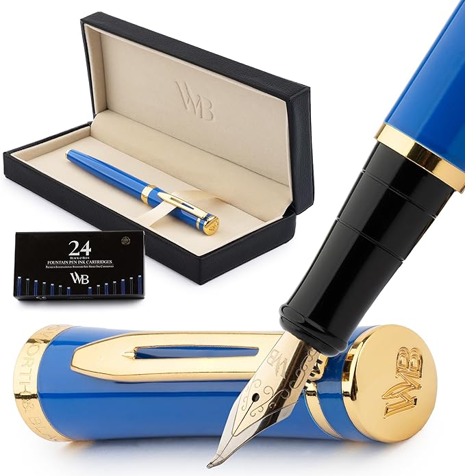 Wordsworth & Black Fountain Pen Set, Bent Nib, Includes 24 Pack Ink Cartridges, Ink Refill Converter & Gift Box, Calligraphy, [Imperial Blue], Perfect for Men & Women