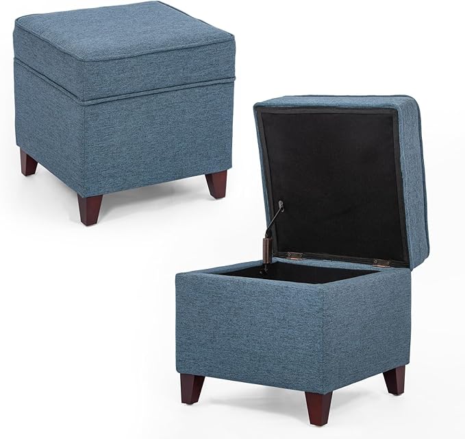 Adeco 17" Square Ottoman with Storage, Small Blue Storage Ottoman Foot Rest with Hinged Lid & Solid Wood Legs, Linen Fabric Foot Stool for Living Room & Bedroom