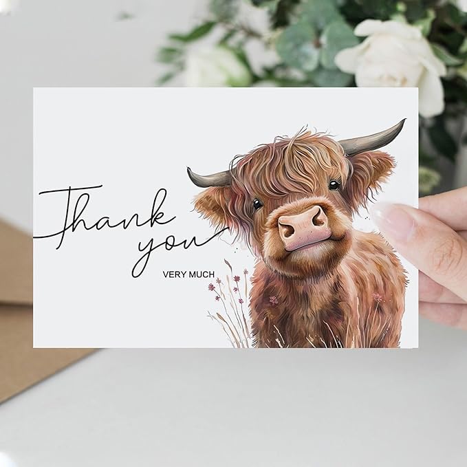 50 Pack Highland Cow Thank You Cards with Envelopes, 4x6 In Farm Design Greeting Cards Sympathy Cards Bulk for Wedding, Baby & Bridal Shower- with Stickers
