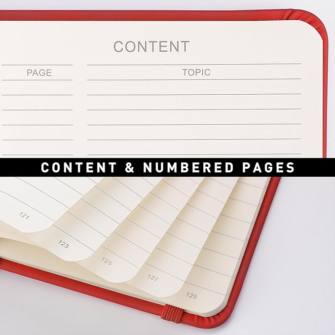 RETTACY Lined Journal Notebook, 192 Numbered Pages, A5 Medium Size (5.7'' x 8.3''), for Men & Women, Journaling, Writing, Work & Office, Leather Hardcover, 100 GSM Thick Paper (Red)
