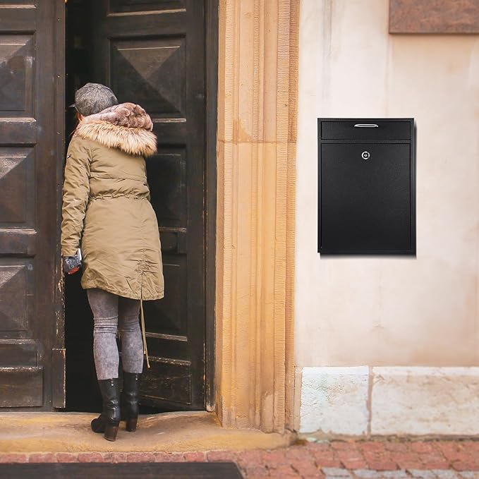 Locking Mailbox with Key for Outdoor 16.2 x 11.2 x 4.7 Inches Large Wall Mount Mail Box with Lock Security Mail Drop Metal Collection Boxes Hanging Secure Postbox(Black)