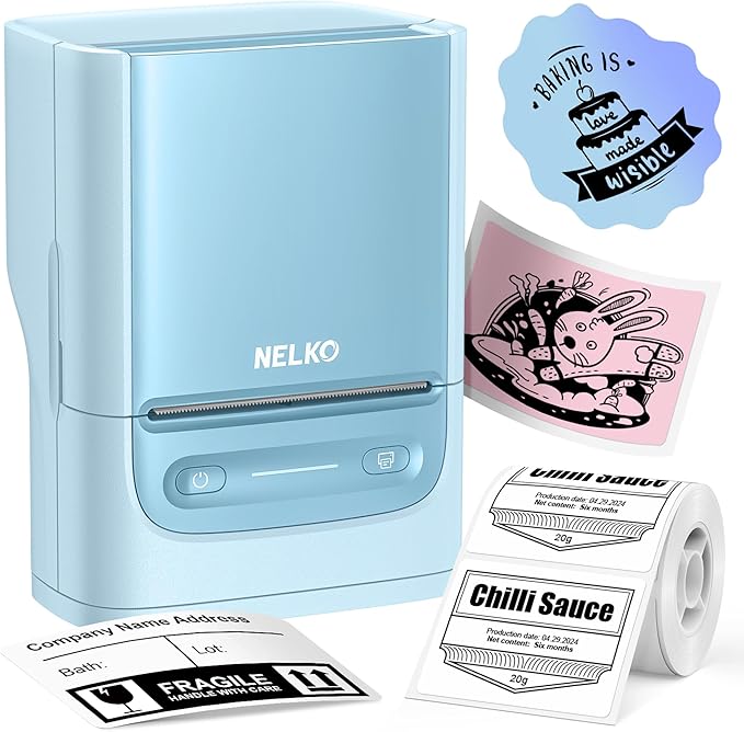 Nelko PM220 Bluetooth Label Maker Machine with Tape, 2 Inch Portable Thermal Printer for Small Business, Address, Logo, Clothing, Sticker Printer for Phones & PC, Cyan