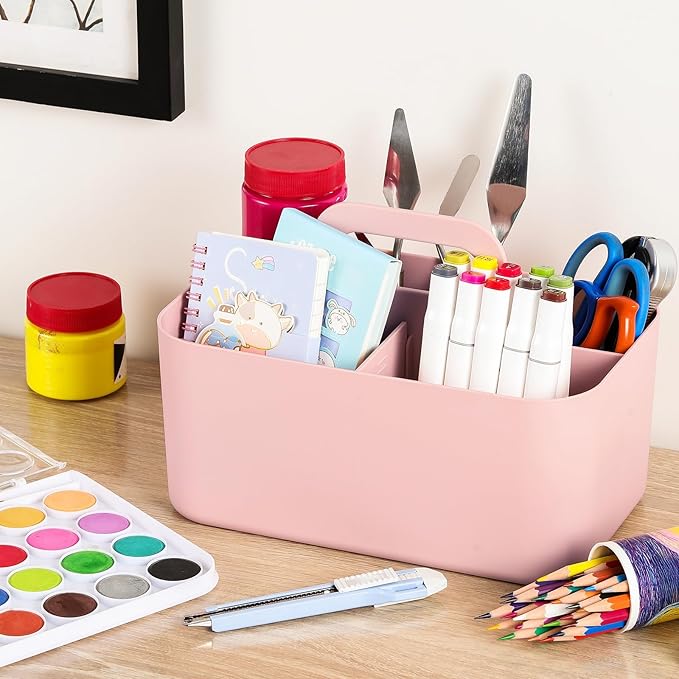 Multiuse Caddy Organizer with Handle - Stackable Plastic Tote Bin - Art Craft Supplies, Office, Desk, Stationery Pen Holder, Kitchen, Utensil, Makeup, Bathroom, Shower, Cleaning, Dorm Organizer - Pink