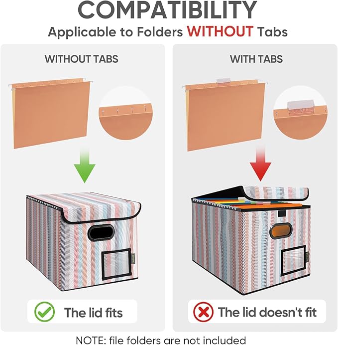 BALEINE File Organizer Box with Lid, Collapsible File Folder Organizer with Plastic Slide, Hanging File Folder Box for Office Document Storage (2 Pack, Color Stripe)