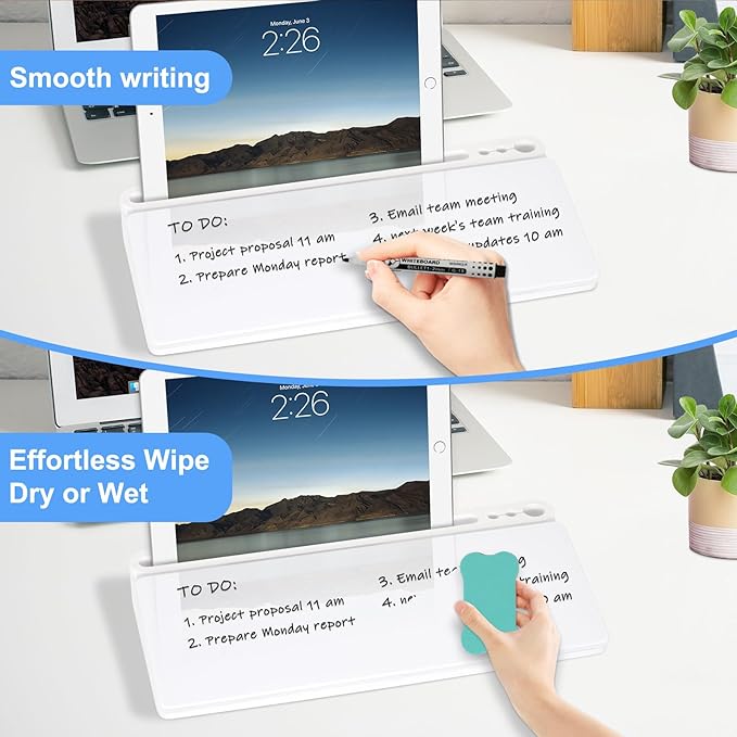 Desktop Glass Whiteboard with Storage, Desk White Board with Computer Keyboard Stand, White Dry Erase Board with Drawers for Home, School, Office Desk Organizers and Accessories