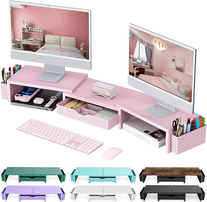 gianotter Dual Monitor Stand Riser, Desk Organizer With Drawer and 2 Pen Holders,Desk Organizers and Accessories, Pink Office Supplies (Pink)