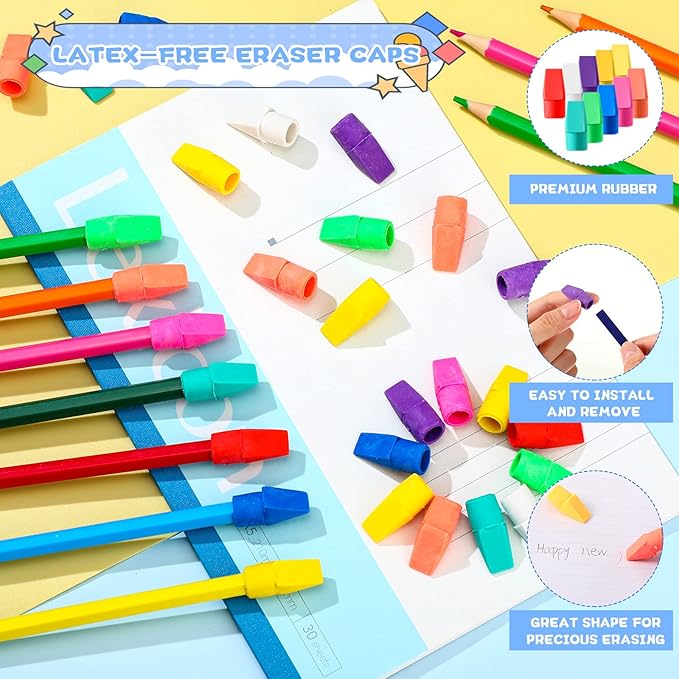 Crtiin 1000 Pcs Pencil Top Erasers Bulk Caps for Pencils Chisel Shape Erasers Toppers Classroom Party Favors Games Prizes Funny Pencil Eraser Cap for Kids Studying Supplies Home Office