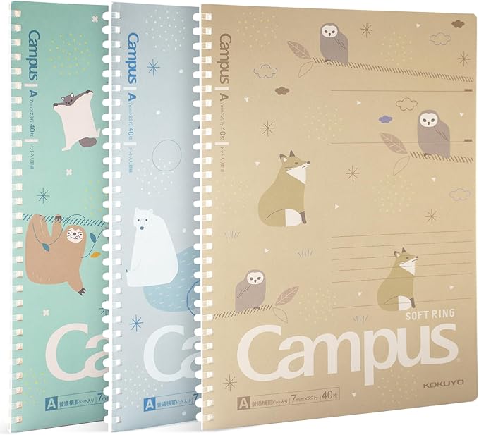 KOKUYO Spiral Notebook Journal, 3 Pack Campus B5 Soft Ring Notebooks with Dotted A 7mm Rule, 40 Sheets, Cute Animal 1 Subject Notebook in Blue Yellow Green, College Office Note Taking. Japan Import