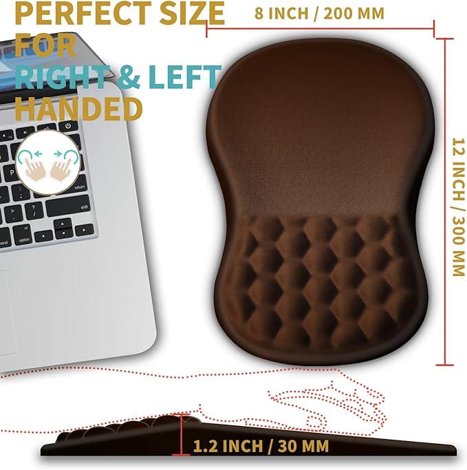 Hokafenle Ergonomic Mouse Pad Wrist Support with Massage Design, Wrist Rest Pain Relief Mousepad with Memory Foam&Non-Slip PU Base, Mouse Pads for Wireless Mouse & Desk (12x8 inch,Brown)