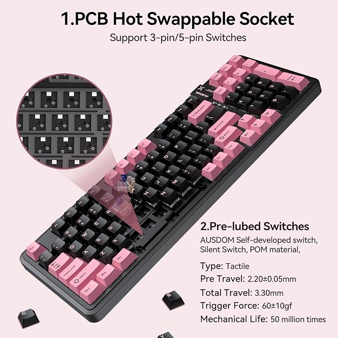 AUSDOM 98Pro Silent Wireless Mechanical Keyboard, Tri-Mode BT/2.4G/USB-C Hot Swappable Custom Quiet Keyboard with Backlit, Gasket Structure, PBT Keycaps, Pre-lubed Tactile Switches(Black Pink 97keys)