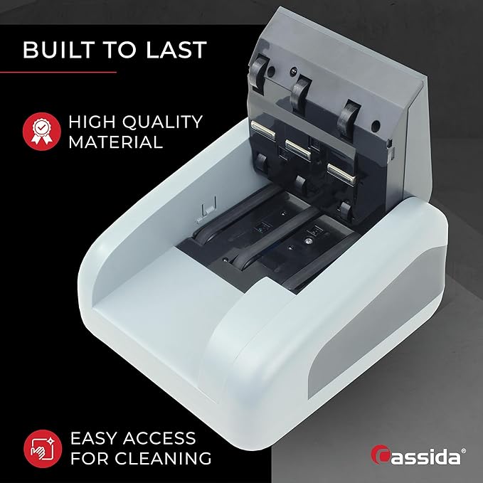 Cassida Quattro Fast Automatic Currency Counterfeit Detector with Advanced Sensors (UV,MG,IR,MT,Thickness,Size) - All-Orientation Feeding - Rechargeable Battery - 3.5" Value & Pass/Fail Display
