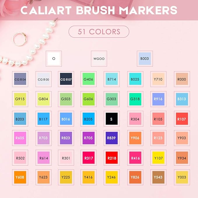 Caliart Alcohol Brush Markers, 51 Colors Dual Tip Artist Brush & Chisel Tip Sketch Art Markers, Aesthetic Cute Preppy Stuff School Supplies, Pens for Lettering Cards Drawing Mothers Day Gift for Mom