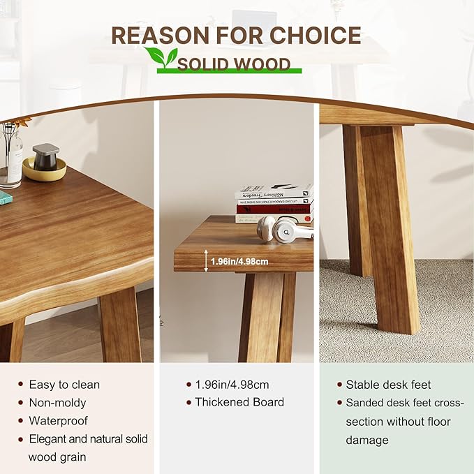 Solid Wood Desk 55 inches, Wood Computer Desk,Home Office Desk Wooden Rustic Writing Desk Modern Simple Design,Ideal for Study, Writing, Dining