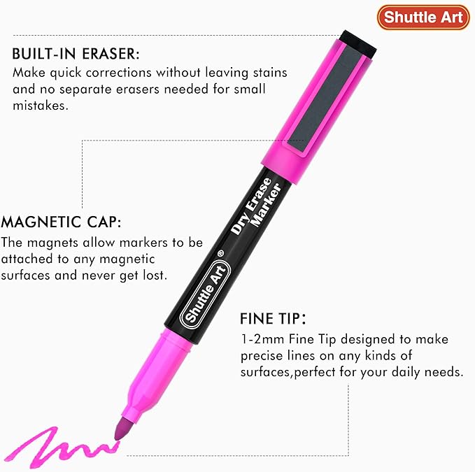 Shuttle Art Dry Erase Markers, 15 Colors Magnetic Whiteboard Markers, Fine Point, Perfect For Writing on Whiteboards, Dry-Erase Boards,Mirrors for School Office Home