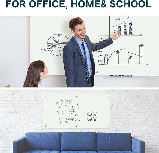 J&J worldwide Glass Dry Erase Board 6' x 4', Glass Whiteboard Magnetic, Large Frameless Glass White Boards for Walls, Includes Magnets, Marker Tray, Eraser for Office, Home, School