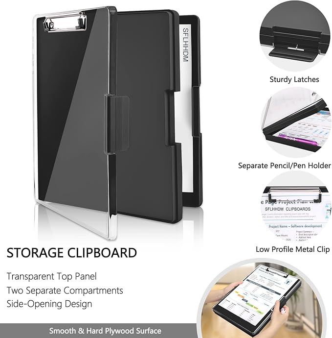 Clipboard with Storage,Heavy Duty Clip Boards 8.5x11 with 2 Storage Case,Clear Visible Top Panel Storage Clipboards,Side Opening Clip Boards,Nursing Clipboard Folder Case for Office Supplies-Black