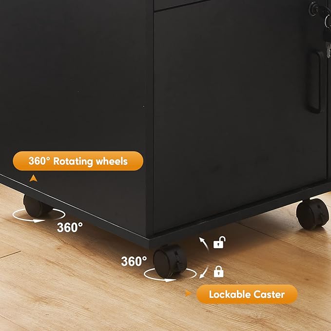 CLIPOP Rolling Storage Cabinet with Drawer, Home Office Cabinet with Lock, Under Desk Storage Cabinet for Home Office, Black