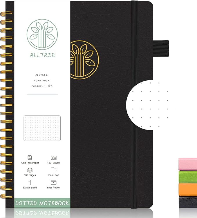 Alltree Spiral Dot Grid Notebook Journal, Dotted Paper Notebook for Work, Hardcover Spiral Bound Notebook with Pen Loop, Pocket, Stickers, 160 Pages, Journal for Women & Men, Black(6"x8.5")