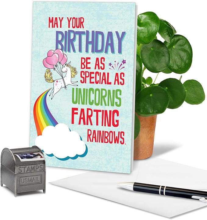 NobleWorks - Funny Happy Birthday Card with Envelope - Colorful Humor Card, Greeting Note - Unicorns and Rainbows C6892BDG