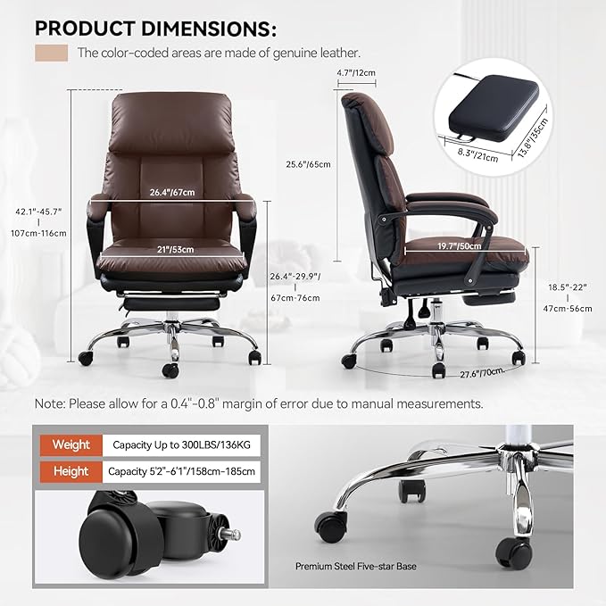 EMIAH Real Leather Office Chair with Foot Rest, Reclining Ergonomic Executive Office Chair with Arms, High Back Comfy Swivel Computer Desk Chairs with Wheels and Lumbar Support for Home Office, Black