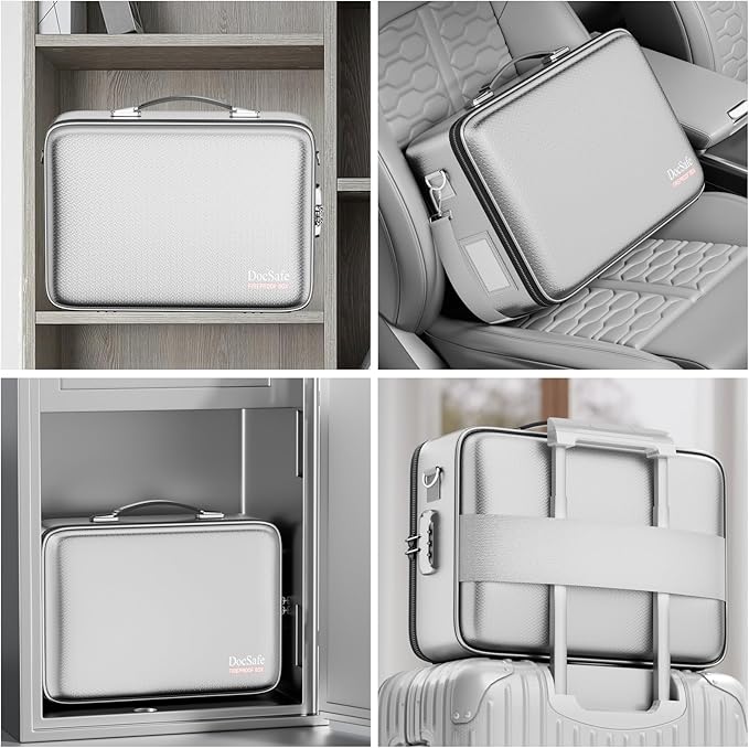 DocSafe Fireproof Document Box with Lock, Hard Case File Organizer with Accordion File Folder, Fireproof Water Resistant Safe Box Home Office Travel Storage for Important Documents Laptop Silver
