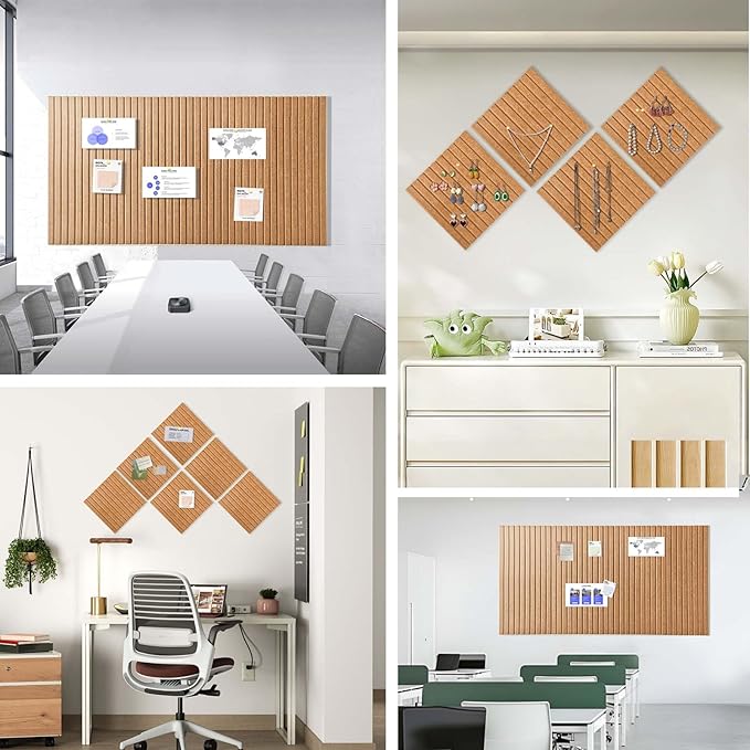 Large Cork Board for Office, 8 Pack Felt Wall Tiles with Slat Wall Paneling and Safe Removable Adhesive Tabs, Felt Bulletin Board Pin Board Cork Boards for Walls (Deep Camel)