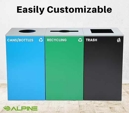 Alpine Commercial Indoor Recycle Bin with Lid - 29 Gallon Blue Recycle Bin Recycle Trash Can Office Recycling Bins, Metal Recycling Container with Stickers & 3 Optional Lids Sold Separately