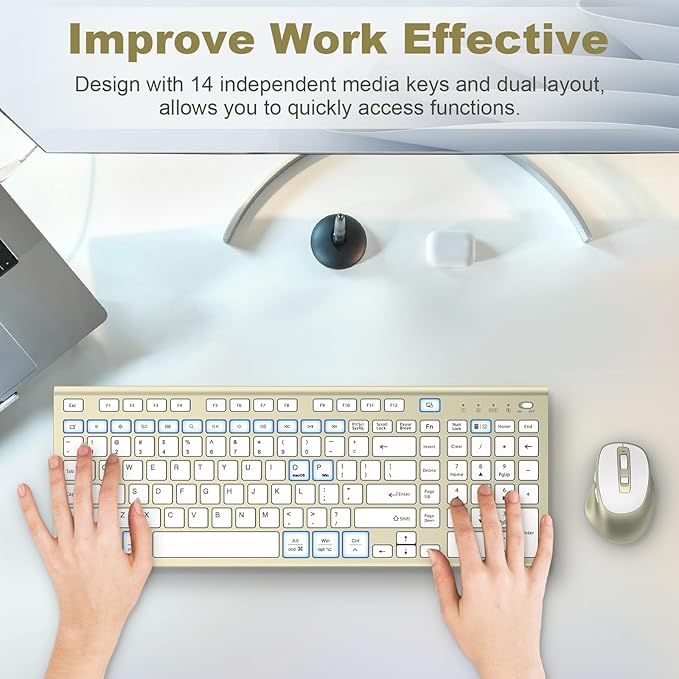 Wireless Keyboard and Mouse, USB Type C Rechargeable Slim Silent Keyboard Mouse, Compact Full-Size Keyboard with Number Pad and Cover for Windows, macOS, PC/Computer/Laptop - Gold