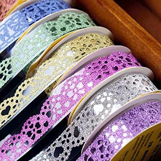 SallyFashion Washi Tape for Scrapbooking, 6 Roll Lace Pattern Glitter Tape in 6 Colors for Journaling, DIY Craft Projects, Card Making