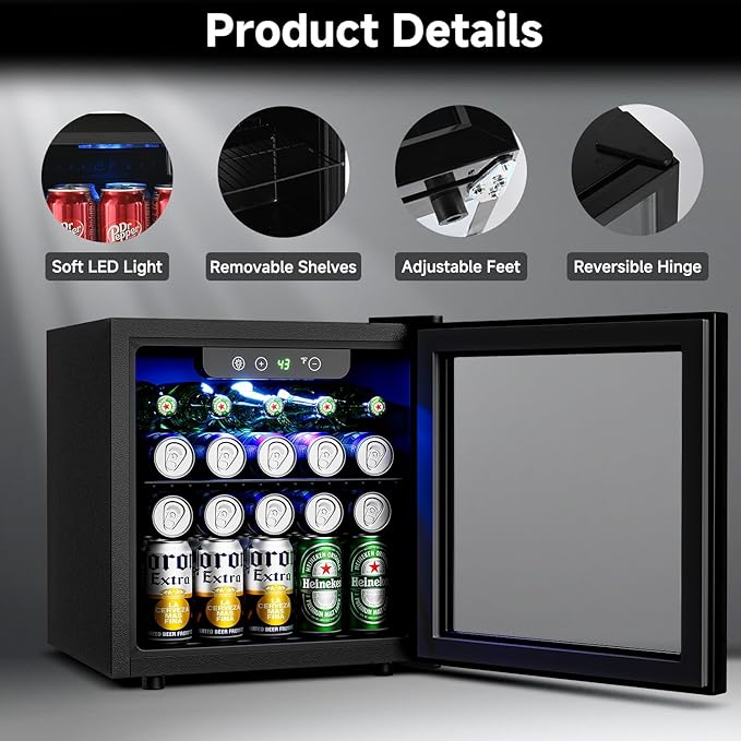 Beverage Refrigerator Cooler - 12 Bottle 50 Can Mini Fridge with Glass Door, Soda Wine Beer Drink Fridge - Small Refrigerator for Office Home Bedroom Dorm Bar, 1.3 Cu.Ft, Black