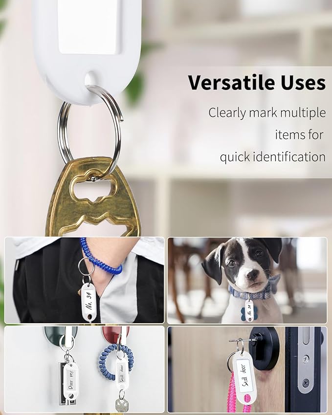 Uniclife 10 Pieces Key Tags 2 Inch Soft Plastic Key Chain Tags with Blank Paper Labels Clear Windows Protective Films and Split Rings Flexible Item Identifiers, White