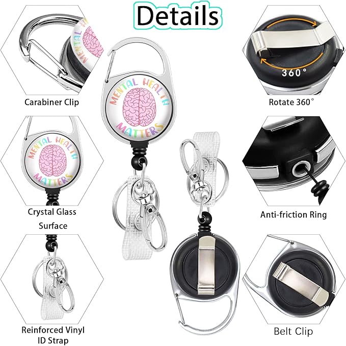 Mental Health Matters Badge Reel Holder Retractable Heavy Duty with 360° Swivel Carabiner Belt Clip, Cute Cartoon Brain Nurse Doctor Retractable Keychain ID Clip ID Holder Name Badge Clip