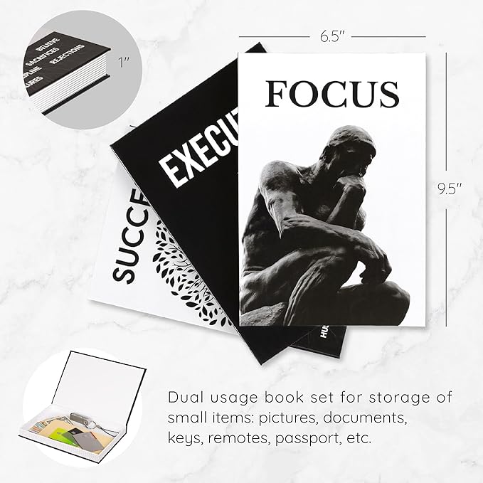 Motivational Desk Décor Set of 3 Decorative Books for Modern Home Office Decor Shelf Aesthetic Black & White Faux/Fake Books for Decoration Minimalist Book Box for Coffee Table Bookshelf TV Stand