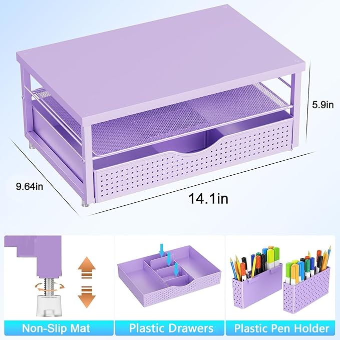 gianotter Wood Monitor Stand Riser, Desk Organizer with Drawer and 2 Pen Holders, 2-Tier Workspace Organizer for Office Supplies (Purple Wood)