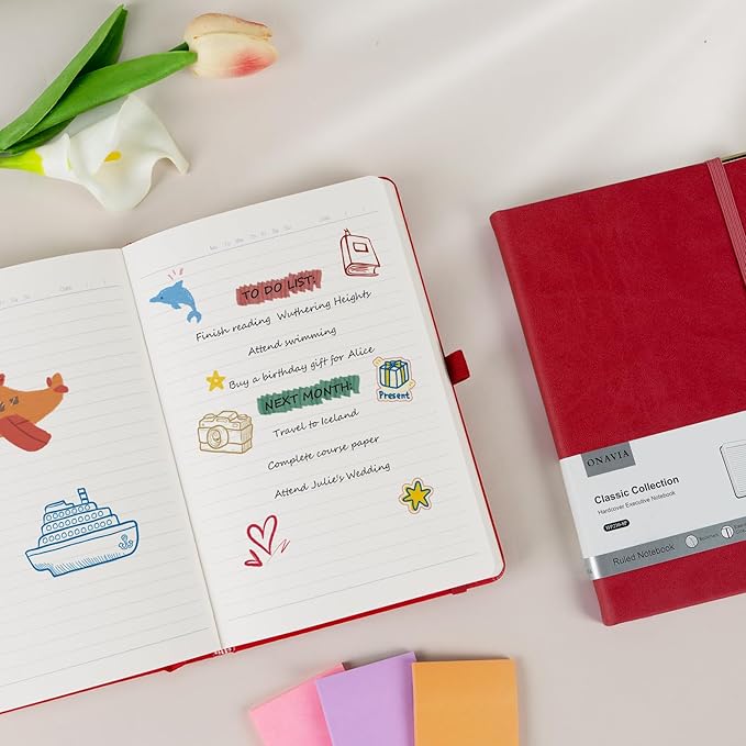 A5 Lined Journal Notebook - 100 GSM Thick Paper, Hardcover Journaling Notebook for Writing, Work, Travel, School, College Ruled Journal for Women and Men, PU Leather Note Book, 5.5”x8.3”- Red